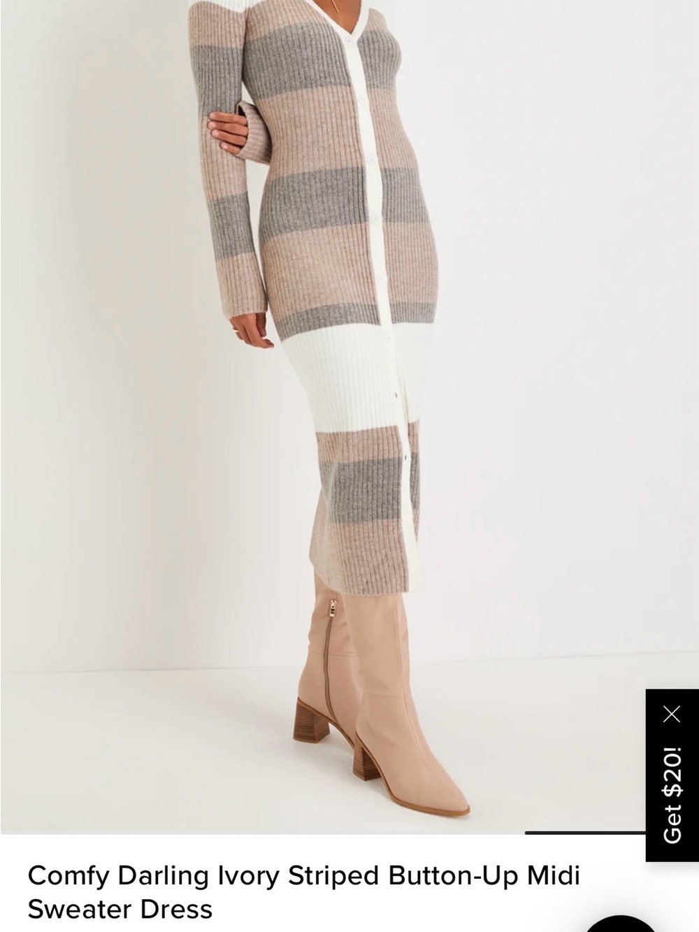 Lulu's Ivory, Beige & Gray Striped Button-Up Midi Sweater Dress